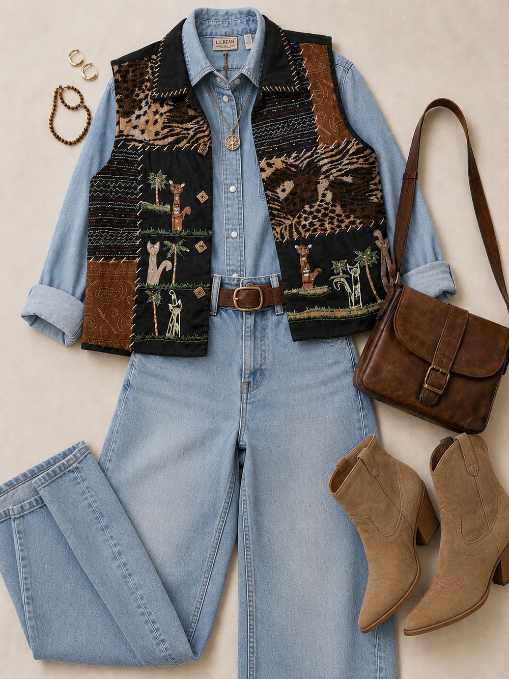 Embroidered Patchwork Vest Animal Black & Brown